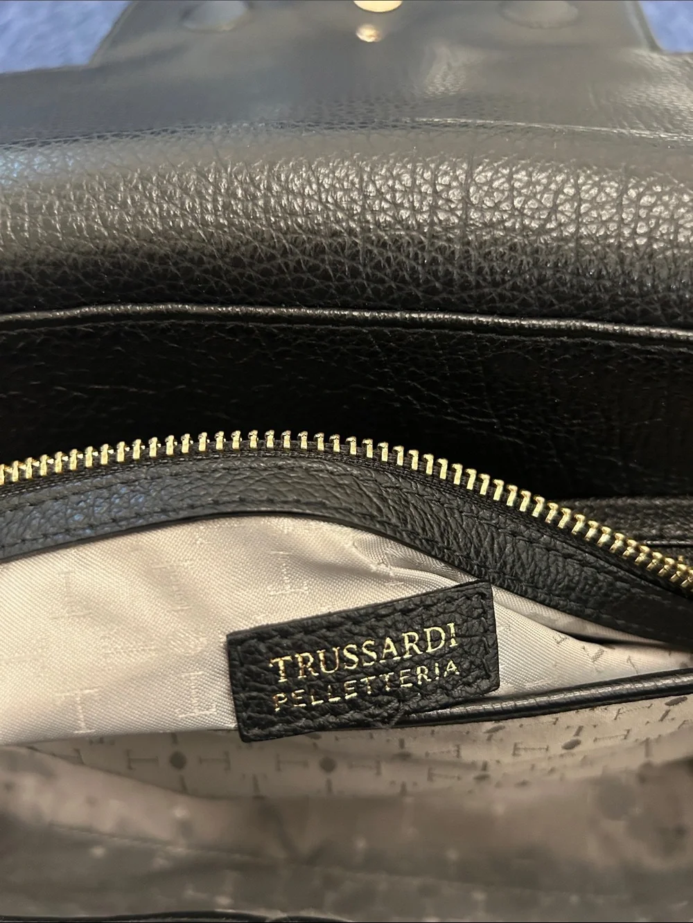 Trussardi Black Leather Top-Handle Satchel with Gold Snake Detail